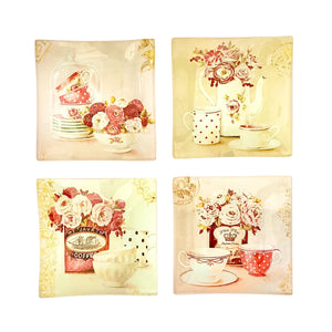 RENEE Artisan Glass Plates Set of 4 Time For Tea