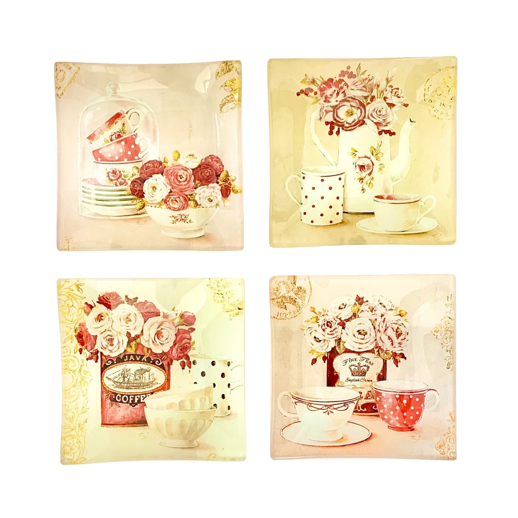 RENEE Artisan Glass Plates Set of 4 Time For Tea