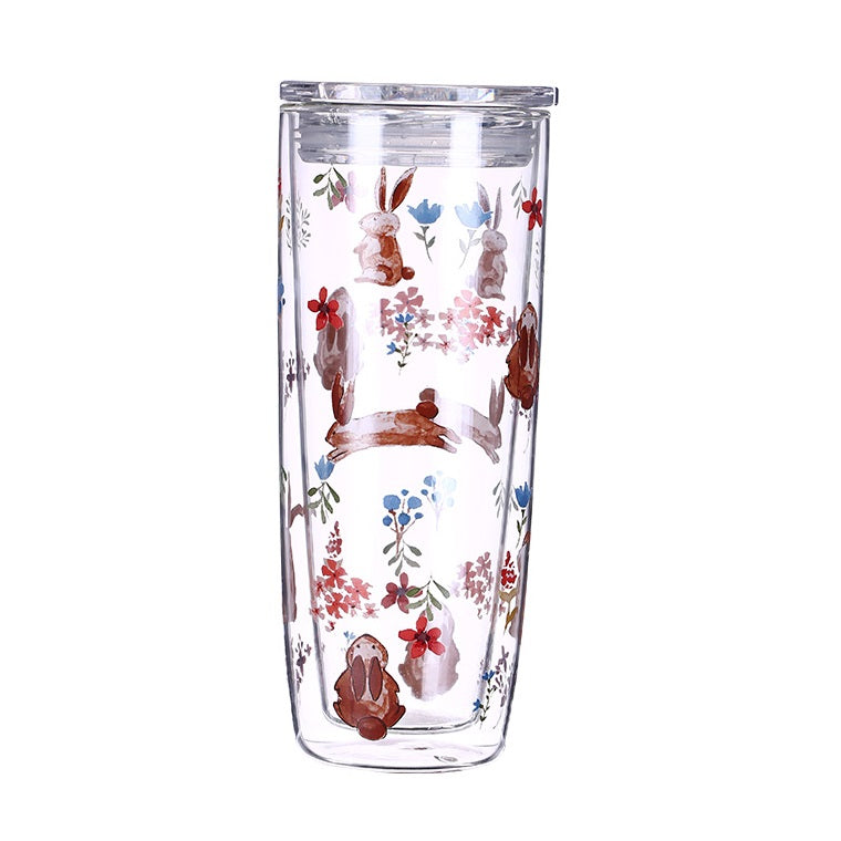 CARA Double Wall Glass Cup with Lid Bunnies