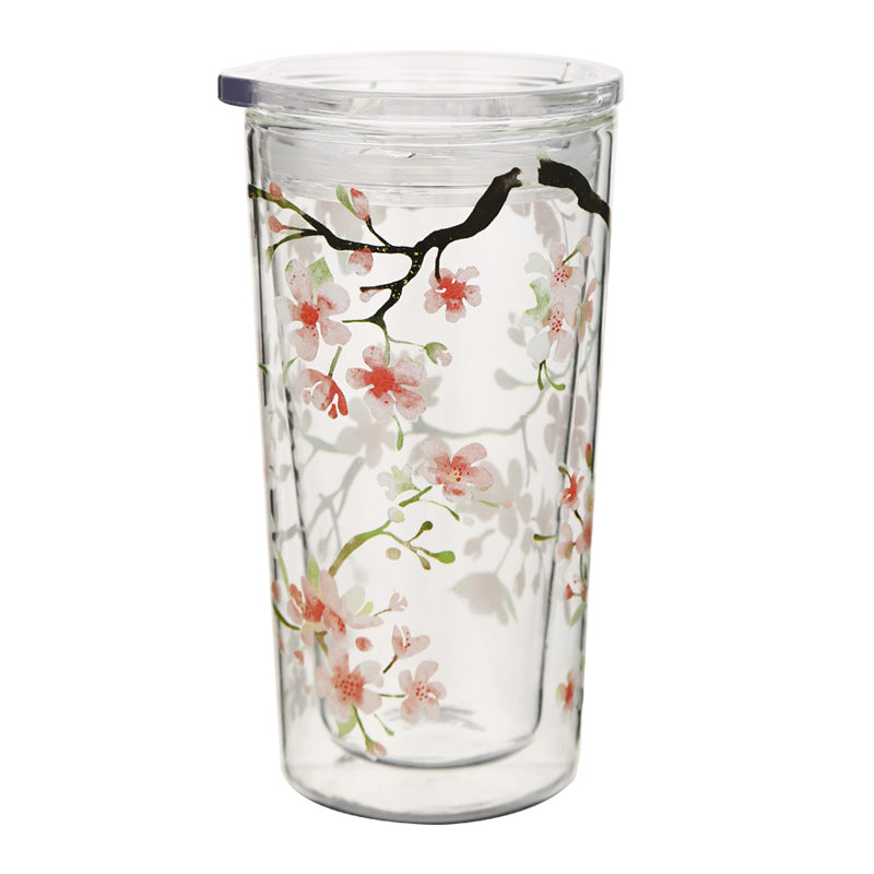 Cherry Blossom Double Wall Glass with Tritan Lid