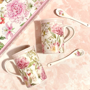 Peony Garden Couple Mugs with Spoons